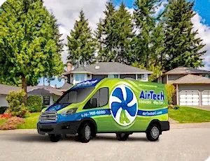 %Focuskw% | Airtech A green and blue AirTech Cooling and Heating service van parked on a suburban street in front of houses and trees.