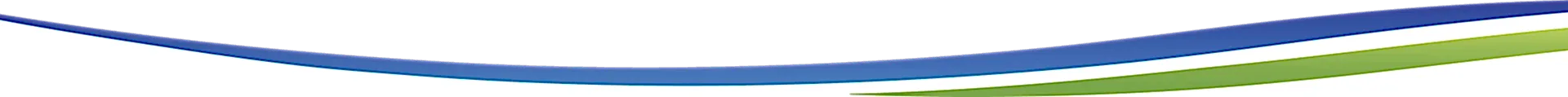 A graphic with a curved blue wave and a green wave along the bottom edge on a white background.